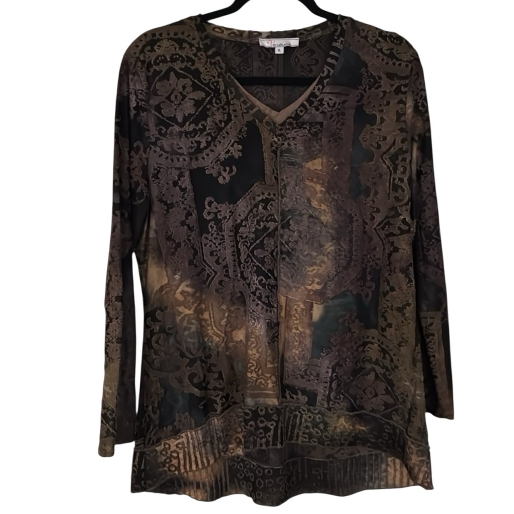 Variations Womens Jacquard Hem Tunic Top XL Brown Lagenlook Boho